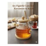 Reona Arı Figürlü Cam Bal Kavanozu Bambu Kapaklı Bambu Altlıklı ve Kaşıklı Bal Saklama Kavanozu
