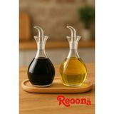 Reoona 2 Adet Borosilikat Tombul Düz Cam Yağdanlık Yağlık ve Sirkelik Seti 900 ML+900 ml Bambu Standlı - Şeffaf