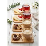 Reoona 4 Kişilik 8 Parça Çift Cidarlı Bardak ve Bambu Tabaklı Espresso Çay Kahve Fincan Takımı - Şeffaf - 100 ml