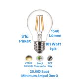 repplam 3'lü Paket 12W Rustik Led Ampul Sarı Işık 1540 Lümen E27 Duylu Dekoratif Ampul Flamanlı