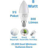 repplam 5 Adet 8W Buji Led Ampul Beyaz Işık 800 Lümen İnce Duylu Ampul Mum Ampul