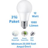 Repplam ERKLED 12W Beyaz Işık LED Ampul 1080 Lümen E27 Duylu LED Lamba - 3 Adet