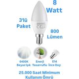 Repplam Horoz 8W Buji LED Ampul Beyaz Işık 800 Lümen Ince Duylu Ampul Mum Ampul - 3 Adet