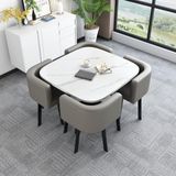 Resepsiyon, resepsiyon masası, satış tezgahı, kasiyer, çekmece kablolu ofis dolabı masası, sandalyeli kare yemek masası seti, modern konferans masası ve 4 sandalye seti, resepsiyon masası