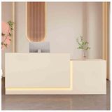 Resepsiyon, resepsiyon, satış tezgahı, kasa, büro dolabı, çekmece kablolu, modern L şeklinde kasa masası, LED lambalı, salon ve ofis için depo raflı resepsiyon masası