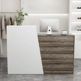 Resepsiyon tezgahı, çekmeceli ve raflı modern ahşap resepsiyon masası. Klinikler, ofisler ve satış alanları için şık tasarım. Müşteri hizmetleri ve tüketim alanları için ideal