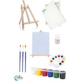 Resim Boya Seti - Mini Masa Şövalesi, 2 Tuval, Resim Verniği, Akrilik Boya Palet, (Masaüstü Şövalye)