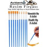 Resim Fırçası Kesik ve Yuvarlak Uçlu 10 Adet Sentetik Fırça Ekonomik Suluboya Akrilik Boya Guaj Boya Yağlı Boya Resim - Standart - Mavi
