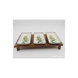 resinwoodliving 3’lü Zeytin Desenli Seramik Tabak + Ahşap Stand