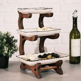 Resinwoodliving Ahşap Raflı Seramik Kase Seti ve Ahşap ve 3 Katlı, Ikramlık, Kahvaltılık, Kek Pasta Standı, Çok Amaçlı Servis Sunumluk