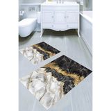 Resmiro Altın Detay Mermer Tasarımlı Kaymaz Taban Yıkanabilir 2'li Desenli Banyo Paspası (50X60 cm - 60X100 Cm) - Renkli