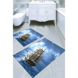 Resmiro Ay Işığında Gemi Desenli Kaymaz Taban Yıkanabilir 2'li Desenli Banyo Paspası (50X60 cm - 60X100 Cm) - Renkli