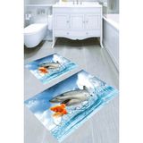 Resmiro Balıkların Arkadaşlığı Desenli Kaymaz Taban Yıkanabilir 2'li Desenli Banyo Paspası (50X60 cm - 60X100 Cm) - Renkli