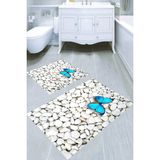 Resmiro Beyaz Çakıl Taşları ve Kelebek Kaymaz Taban Yıkanabilir 2'li Desenli Banyo Paspası (50X60 cm - 60X100 Cm) - Renkli