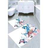 Resmiro Beyaz Çiçekler ve Kelebek Dansı Desenli Kaymaz Taban Yıkanabilir 2'li Desenli Banyo Paspası (50X60 cm - 60X100 Cm) - Renkli