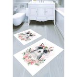 Resmiro Beyaz Zemin Çiçekler ve Rakun Desenli 2′li Banyo Paspası (50X60 cm - 60X100 Cm) - Çok Renkli - 60 x 100 cm