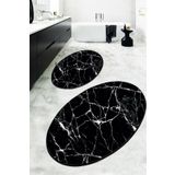 Resmiro Black Marble Siyah Beyaz Mermer 2li Yıkanabilir Klozet Takımı Banyo Halısı Paspas