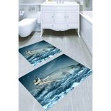 Resmiro Cam Şişede Gemi Desenli Kaymaz Taban Yıkanabilir 2'li Desenli Banyo Paspası (50X60 cm - 60X100 Cm) - Renkli