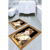 Resmiro Çerçeve Detaylı Kedi Tasarımlı Kaymaz Taban Yıkanabilir 2'li Desenli Banyo Paspası (50X60 cm - 60X100 Cm) - Renkli