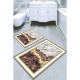 Resmiro Çerçeve Kahve Mermer Desenli Kaymaz Taban Yıkanabilir 2'li Desenli Banyo Paspası (50X60 cm - 60X100 Cm) - Renkli