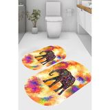 Resmiro Çiçekli Fil Desenli Kaymaz Taban Yıkanabilir 2'li Desenli Banyo Paspası (50X60 cm - 60X100 Cm) - Renkli