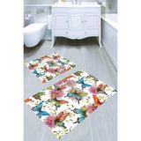 Resmiro Çiçekli Kelebek Desenli Kaymaz Taban Yıkanabilir 2'li Desenli Banyo Paspası (50X60 cm - 60X100 Cm) - Renkli