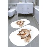Resmiro Çılgın Kedi Desenli Kaymaz Taban Yıkanabilir 2'li Desenli Banyo Paspası (50X60 cm - 60X100 Cm) - Renkli