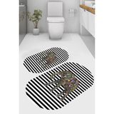 Resmiro Çizgili Çiçekli Fil Desenli Kaymaz Taban Yıkanabilir 2'li Desenli Banyo Paspası (50X60 cm - 60X100 Cm) - Renkli