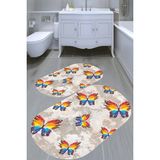 Resmiro Çizgili Kelebek Desenli Kaymaz Taban Yıkanabilir 2'li Desenli Banyo Paspası (50X60 cm - 60X100 Cm) - Renkli