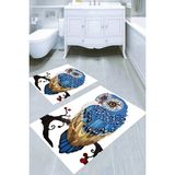 Resmiro Dalda Renkli Baykuş Desenli Kaymaz Taban Yıkanabilir 2'li Desenli Banyo Paspası (50X60 cm - 60X100 Cm)