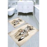 Resmiro Dedektif Kedi Desenli Kaymaz Taban Yıkanabilir 2'li Desenli Banyo Paspası (50X60 cm - 60X100 Cm) - Renkli