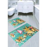 Resmiro Deniz Kabukları ve Flamingo Desenli Kaymaz Taban Yıkanabilir 2'li Desenli Banyo Paspası (50X60 cm - 60X100 Cm) - Renkli