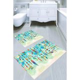 Resmiro Deniz Nesneleri Süslemeli Kaymaz Taban Yıkanabilir 2'li Desenli Banyo Paspası (50X60 cm - 60X100 Cm) - Renkli