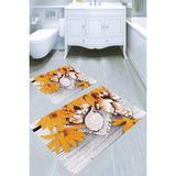Resmiro Doğal Görünüm Turuncu Çiçekler Desenli Kaymaz Taban Yıkanabilir 2'li Desenli Banyo Paspası (50X60 cm - 60X100 Cm) - Renkli