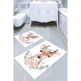 Resmiro Geyik ve Çiçek Desenli Kaymaz Taban Yıkanabilir 2'li Desenli Banyo Paspası (50X60 cm - 60X100 Cm) - Renkli