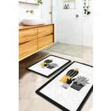 Resmiro Gold Tropical Sarı Gri Siyah Kaktüslü Yıkanabilir 2li Banyo Halısı Paspas Klozet Takımı