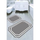 Resmiro Gri Zemin Dekoratif Çerçeve Desenli Kaymaz Taban Yıkanabilir 2'li Desenli Banyo Paspası (50X60 cm - 60X100 Cm) - Renkli