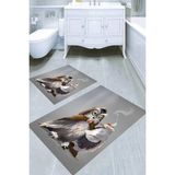 Resmiro Gri Zemin Gizemli Baykuş Kaymaz Taban Yıkanabilir 2'li Desenli Banyo Paspası (50X60 cm - 60X100 Cm) - Renkli
