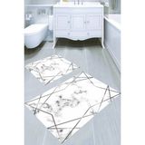 Resmiro Gümüş Şerit Detaylı Beyaz Mermer Desenli Kaymaz Taban Yıkanabilir 2'li Desenli Banyo Paspası (50X60 cm - 60X100 Cm) - Renkli