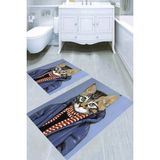 Resmiro Hüzünlü Kedi Desenli Kaymaz Taban Yıkanabilir 2'li Desenli Banyo Paspası (50X60 cm - 60X100 Cm) - Renkli