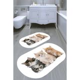 Resmiro Kardeş Kediler Desenli Kaymaz Taban Yıkanabilir 2'li Desenli Banyo Paspası (50X60 cm - 60X100 Cm) - Renkli