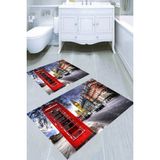 Resmiro Kırmızı Telefon Kulübesi Desenli Kaymaz Taban Yıkanabilir 2'li Desenli Banyo Paspası (50X60 cm - 60X100 Cm) - Renkli