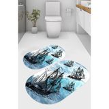 Resmiro Korsan Gemisi Desenli Kaymaz Taban Yıkanabilir 2'li Desenli Banyo Paspası (50X60 cm - 60X100 Cm) - Renkli