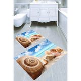 Resmiro Kumsaldaki Kabuk Manzara Desenli Kaymaz Taban Yıkanabilir 2'li Desenli Banyo Paspası (50X60 cm - 60X100 Cm) - Renkli