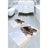 Resmiro Masum Kedi Desenli Kaymaz Taban Yıkanabilir 2'li Desenli Banyo Paspası (50X60 cm - 60X100 Cm) - Renkli