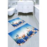Resmiro Mavi Kelebek Desenli Kaymaz Taban Yıkanabilir 2'li Desenli Banyo Paspası (50X60 cm - 60X100 Cm) - Renkli