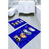 Resmiro Mavi Zemin Baykuş Desenli Kaymaz Taban Yıkanabilir 2'li Desenli Banyo Paspası (50X60 cm - 60X100 Cm) - Renkli