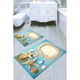 Resmiro Mavi Zeminli Kum ve Deniz Yıldızı Desenli Kaymaz Taban Yıkanabilir 2'li Desenli Banyo Paspası (50X60 cm - 60X100 Cm) - Renkli