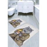Resmiro Patron Kedi Desenli Kaymaz Taban Yıkanabilir 2'li Desenli Banyo Paspası (50X60 cm - 60X100 Cm) - Renkli