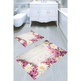 Resmiro Pembe Beyaz Çiçek Yaprakları Desenli Kaymaz Taban Yıkanabilir 2'li Desenli Banyo Paspası (50X60 cm - 60X100 Cm) - Renkli